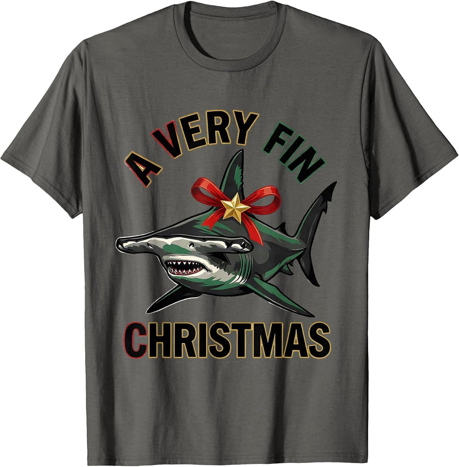 A Very Fin Christmas Funny Shark Lover Marine Biology T-Shirt - Asphalt Grey