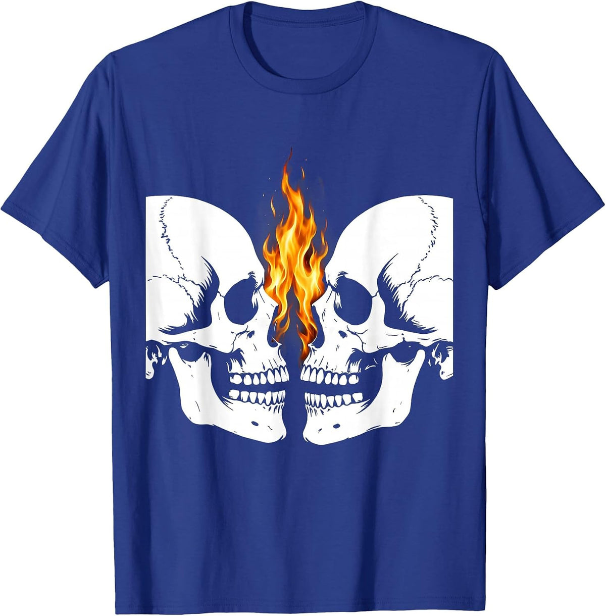 Dual Skull Flames Metal Band Graphic Design T-Shirt - Royal Blue