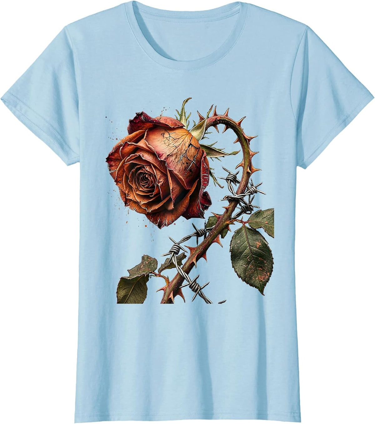 Barbed Wire Rose Punk Gothic Graphic Design T-Shirt - Baby Blue