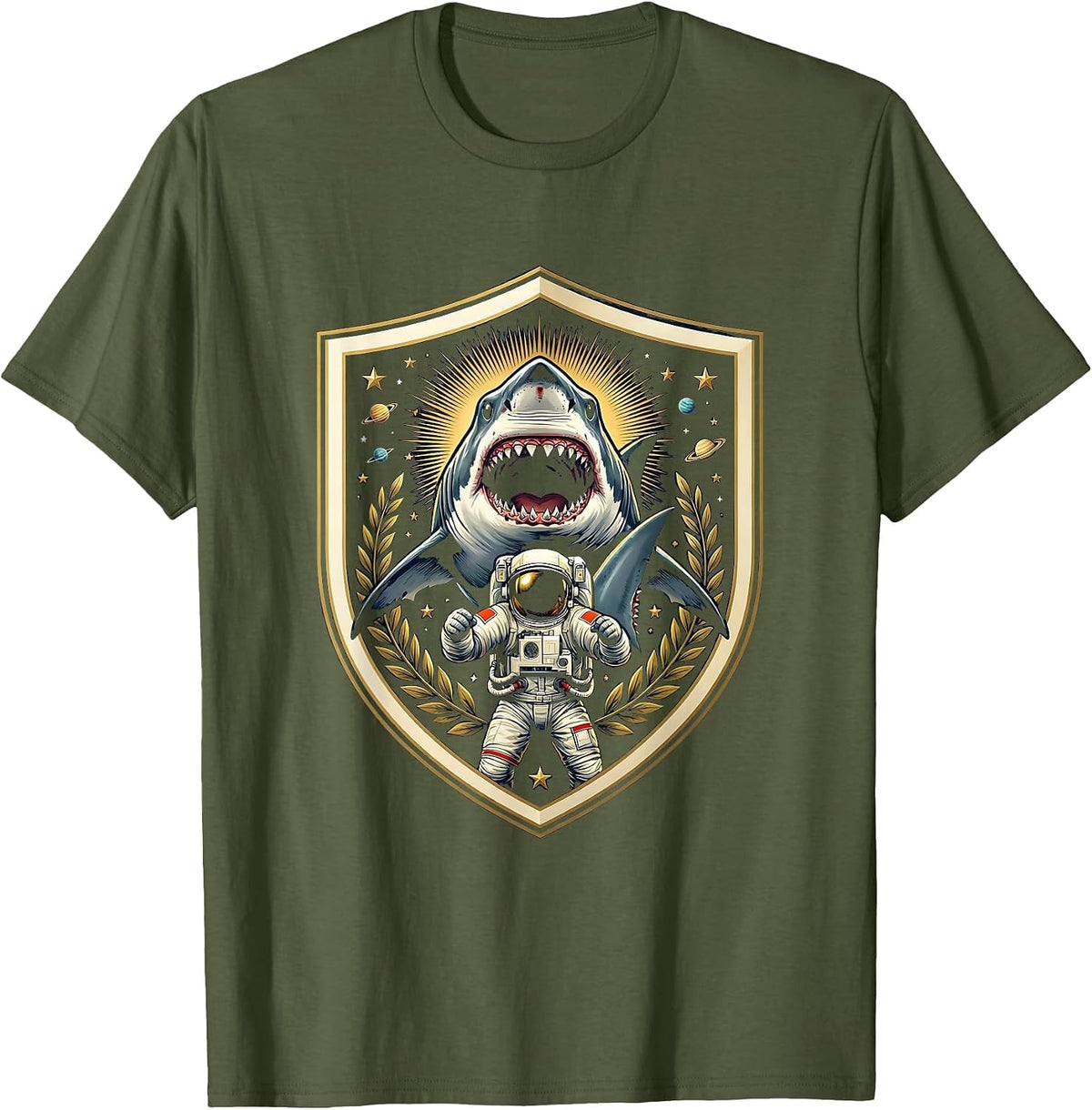 Astronaut Riding a Great White Shark T-Shirt - Olive Green