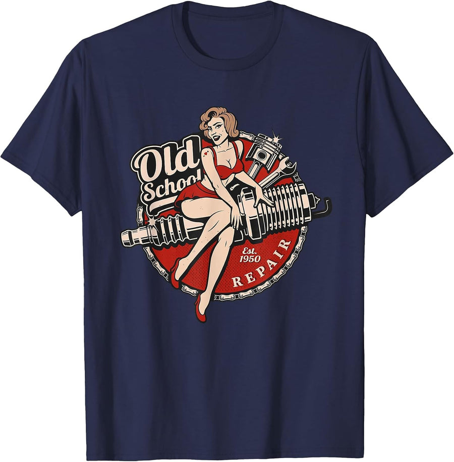 Spark Plug Pinup Mechanic T-Shirt - Navy Blue