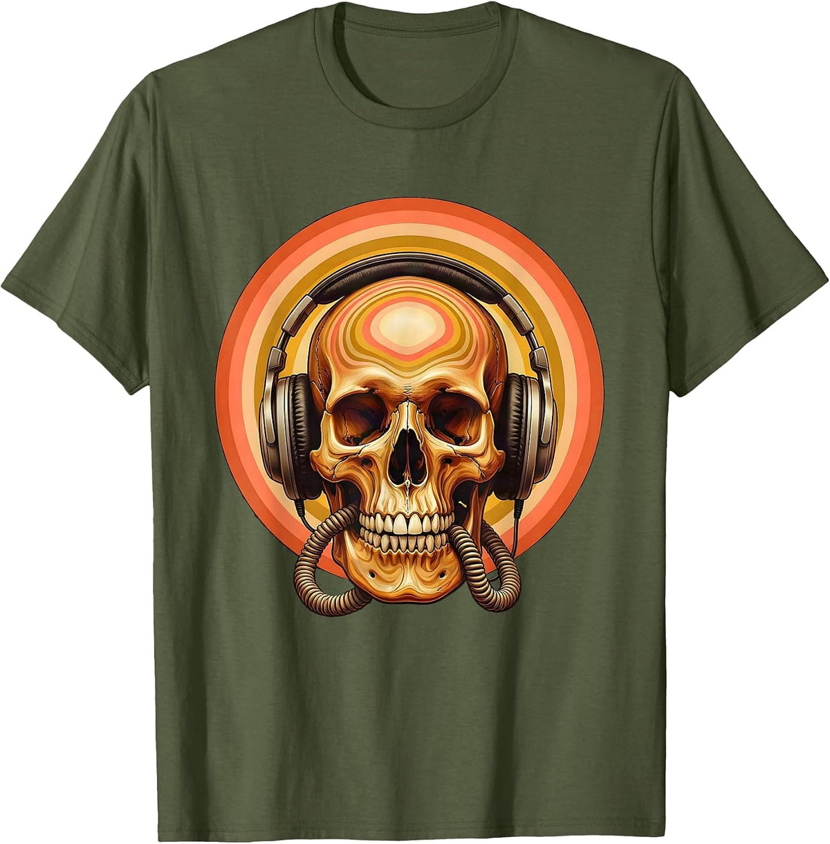 Skull and Headphones Dark Music Graphic T-Shirt - Olive Green