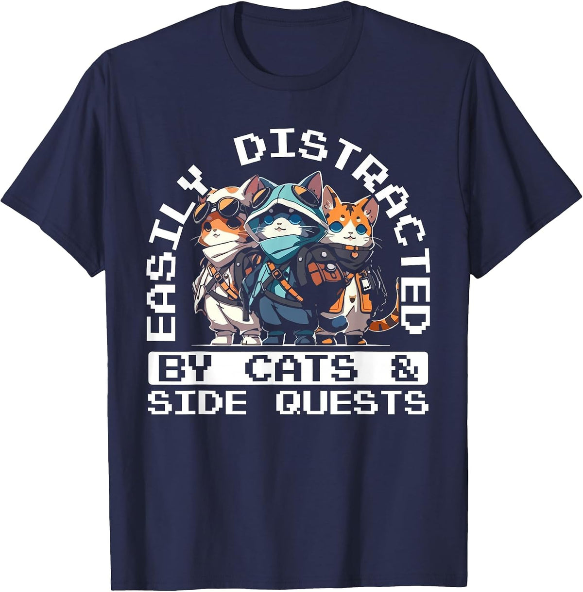 RPG Gamer Cats Distraction During Side Quest Nerdy T-Shirt - Navy Blue