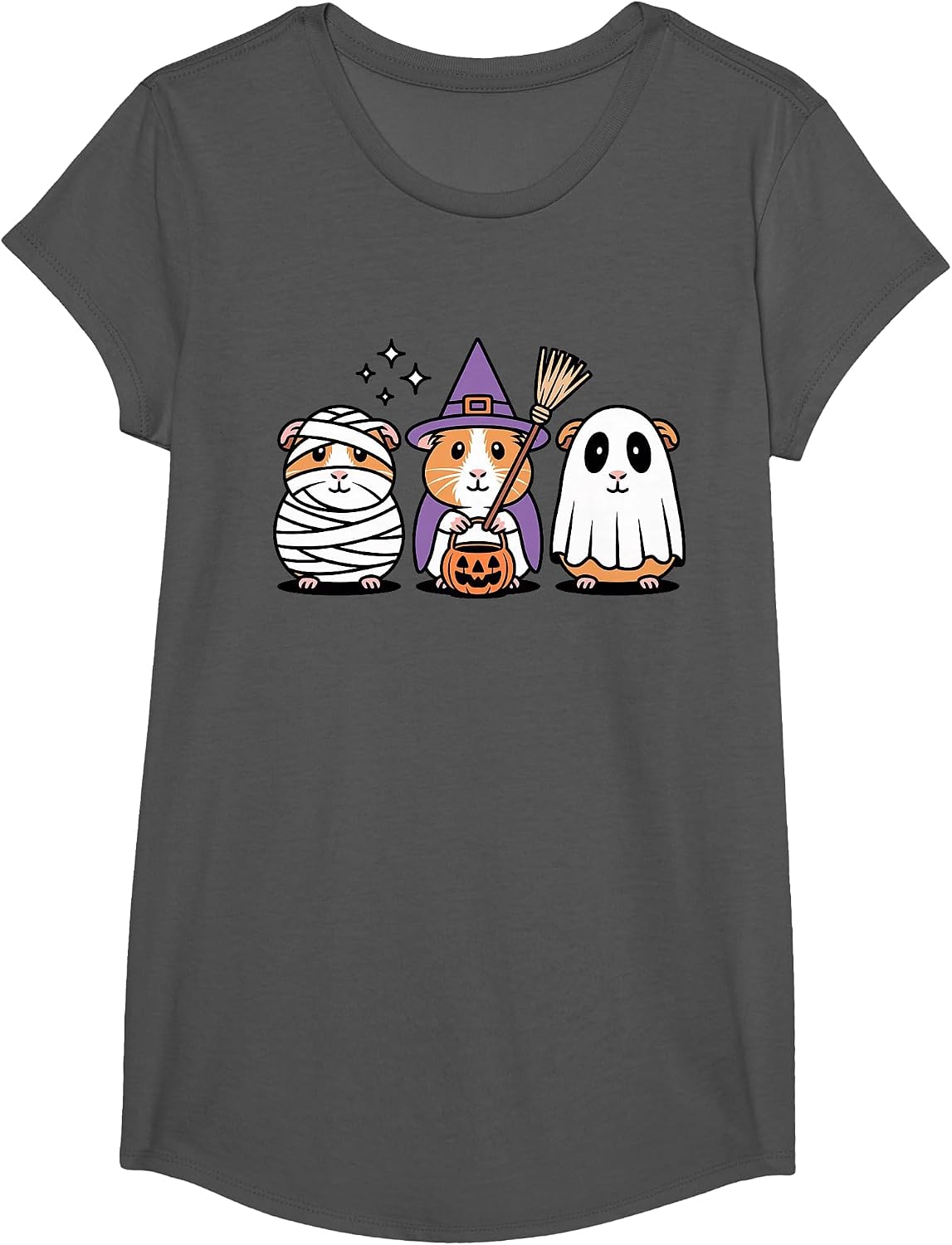 Cute Guinea Pig Halloween Witch Mummy Ghost T-Shirt - Girls Asphalt Grey