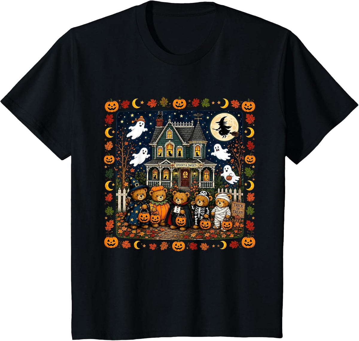 Cute Halloween Teddy Bears House Scene T-Shirt - Black