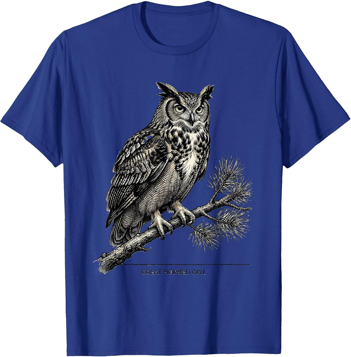 Men's Great Horned Owl Vintage Forest Wildlife Nature Reflection T-Shirt - Royal Blue