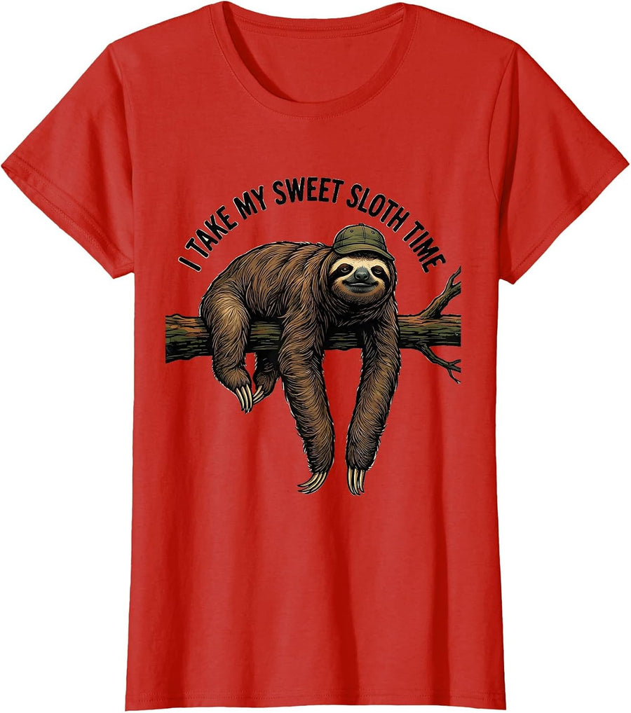 Women's I Take My Sweet Sloth Time Funny Sloth Lover Vintage Hiking T-Shirt - Red