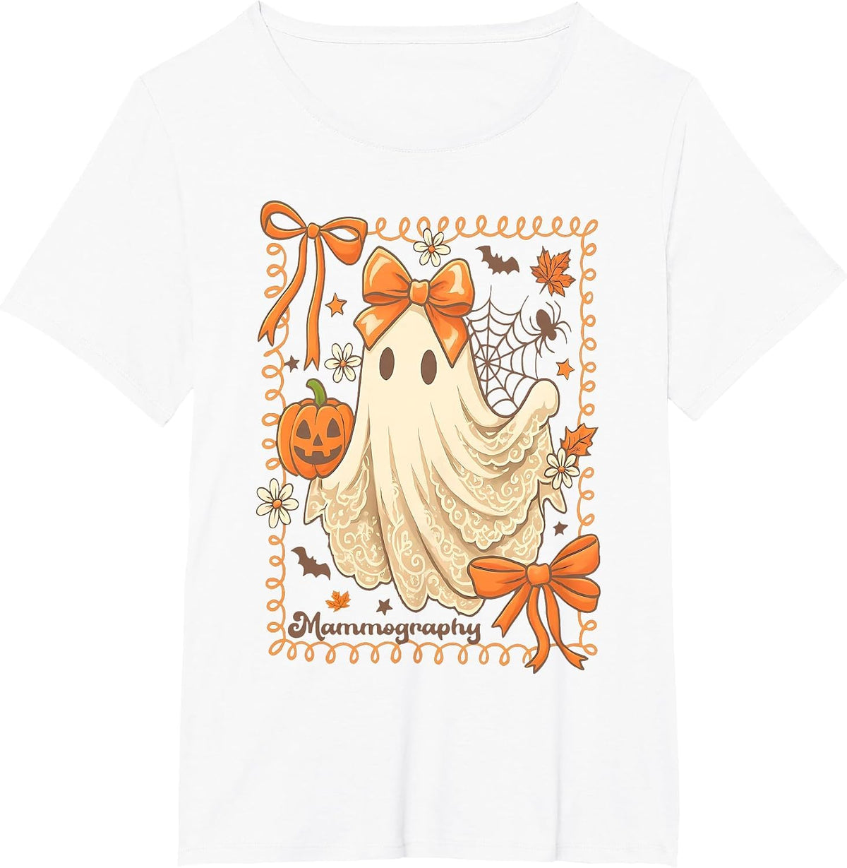 Fall Mammo Tech Halloween Ghost Bow Coquette Mammographer T-Shirt - White