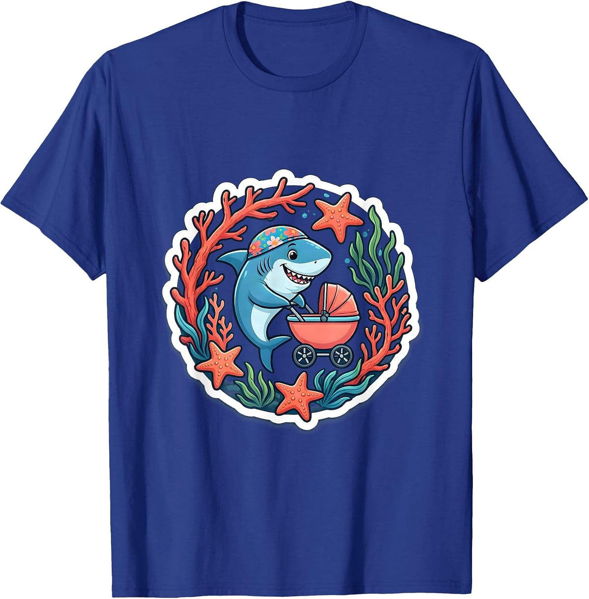 Mommy Shark Stroller Coral Reef Illustration T-Shirt - Royal Blue