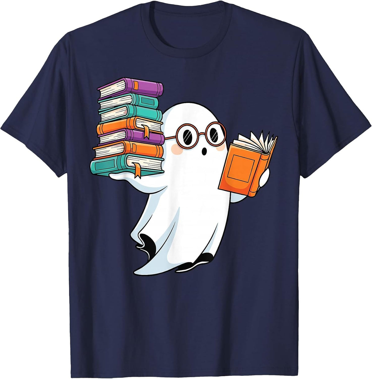 Ghost Reading Books Halloween Library T-Shirt - Navy Blue