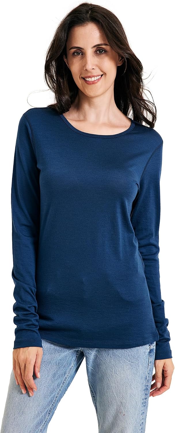 Women's 100% Merino Wool Base Layer Shirt Long Sleeve Thermal Underwear Crewneck Casual Tee Tops for Hiking Travel Skiing -