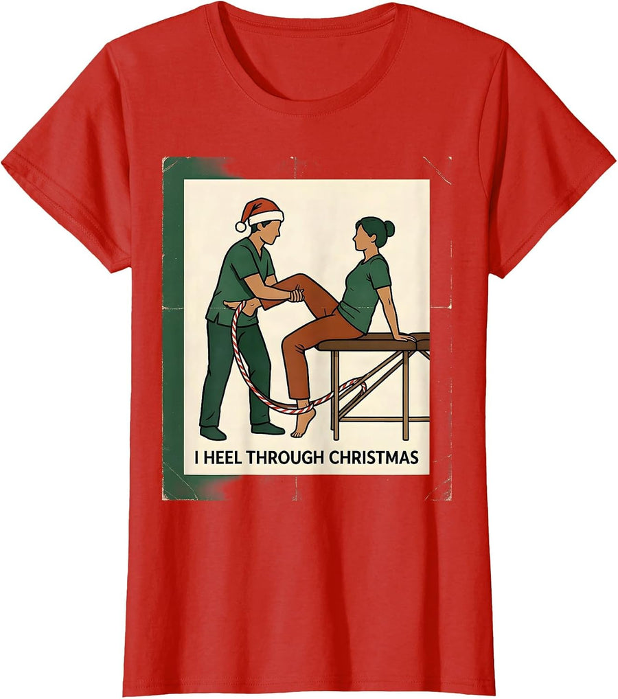 Women's I Heel Through Christmas Vintage Physical Therapist T-Shirt - Red