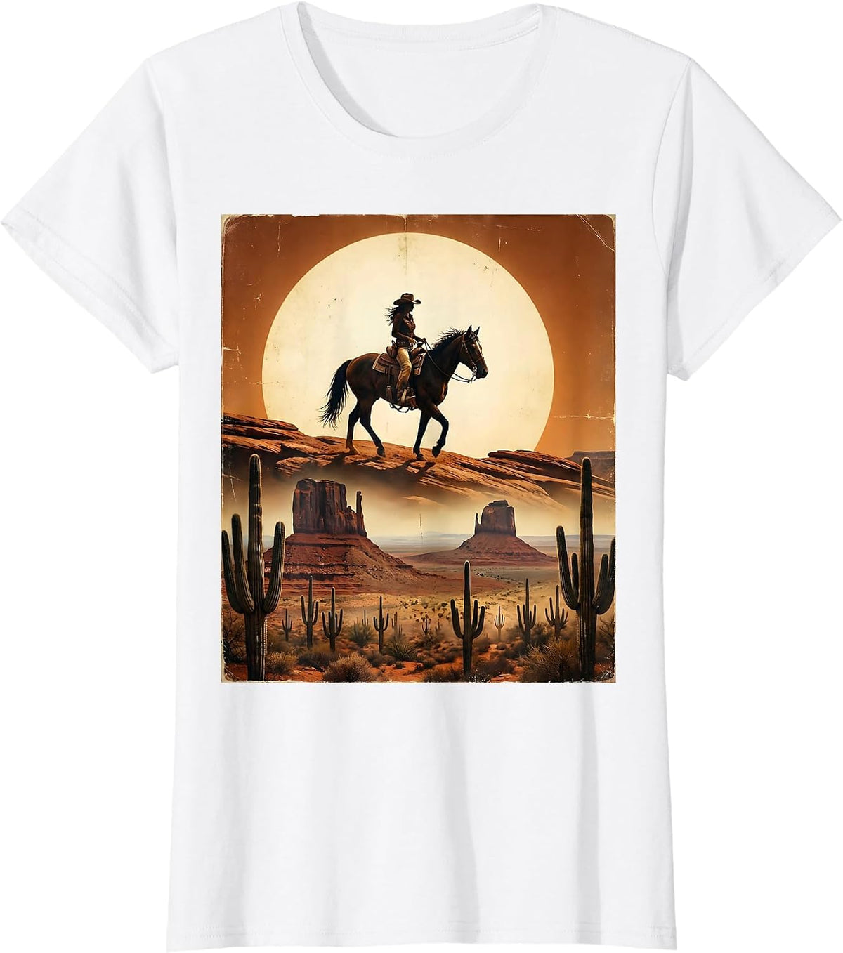 Cowgirl Silhouette Desert Sunset Western Art T-Shirt - White