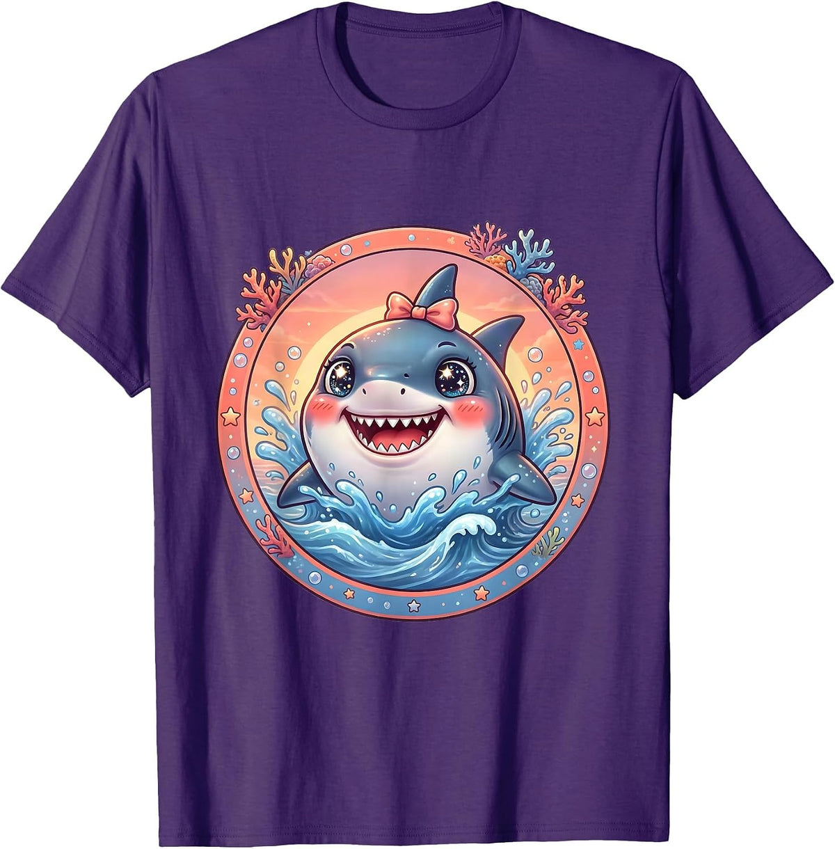 Mommy Shark Ocean Sunset Burst Graphic T-Shirt - Purple