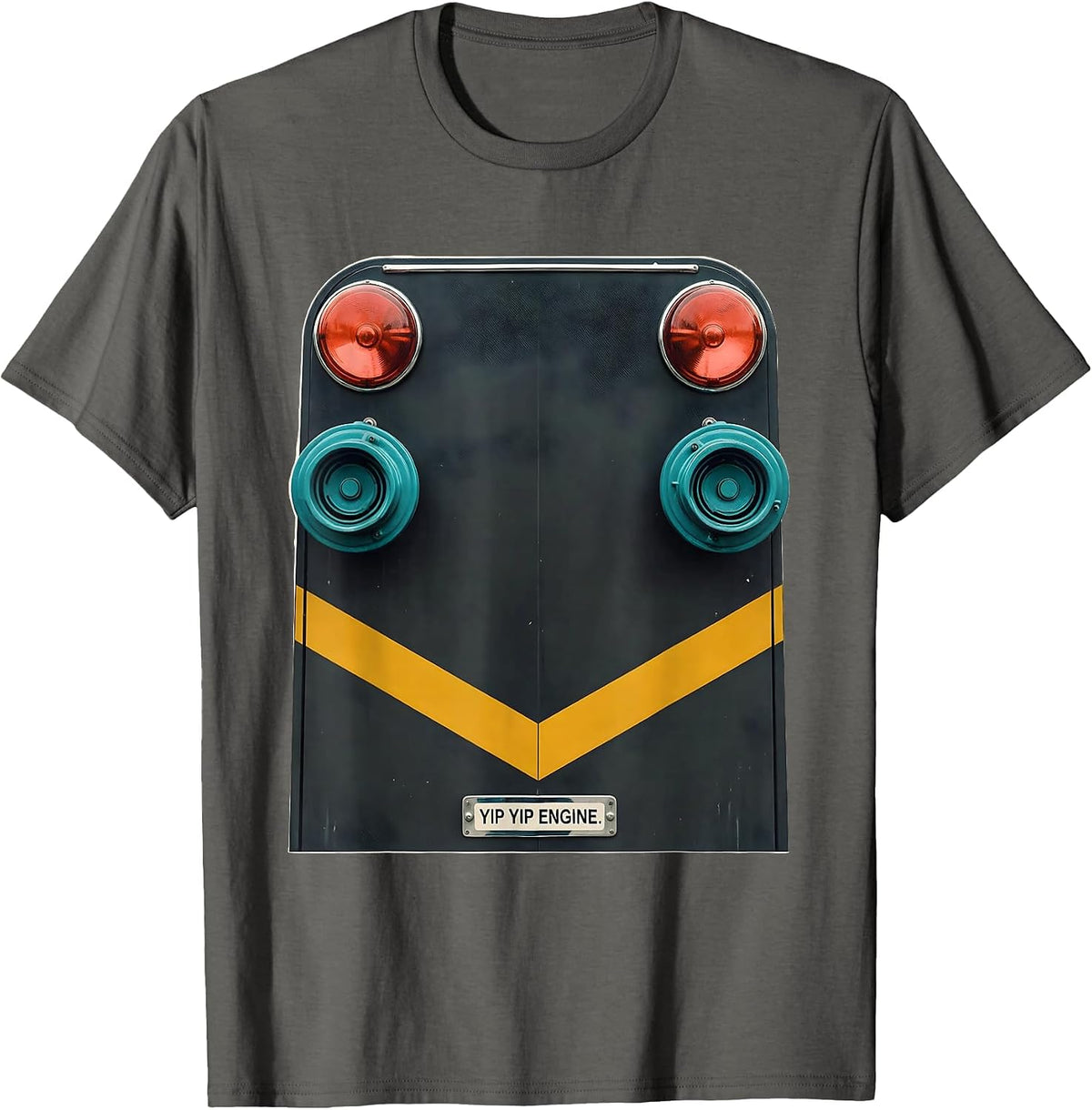 Men's Yip Yip Engine Midcentury Modern Firefighter Humor Tribute T-Shirt - Asphalt Grey