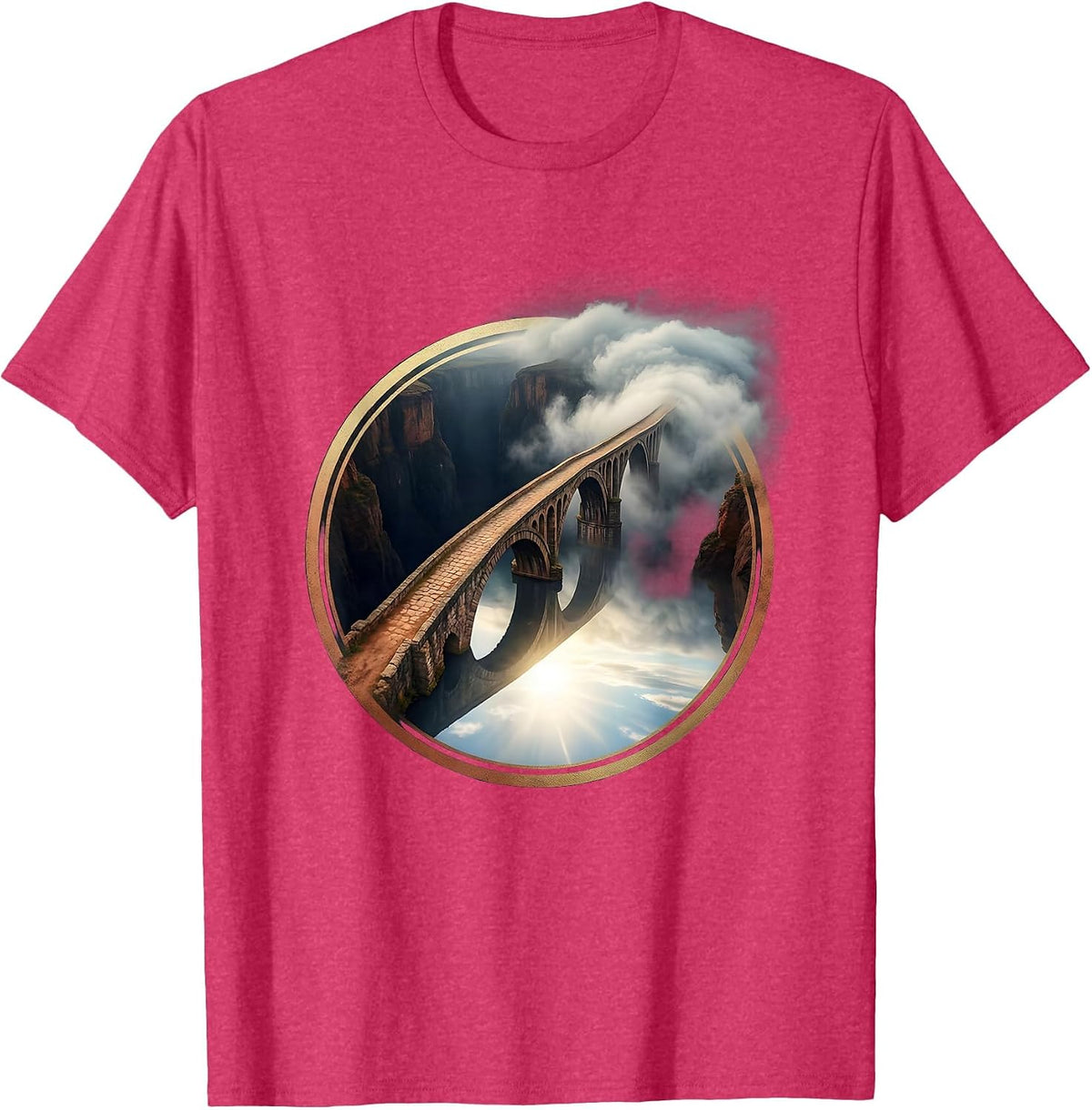 Bridge Over Dark Canyon Emerging From Fog T-Shirt - Red Heather