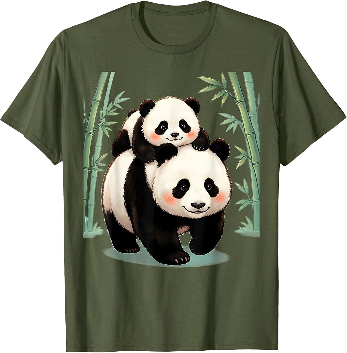 Men's Baby Panda Riding on Mother's Back Illustration T-Shirt - Olive Green