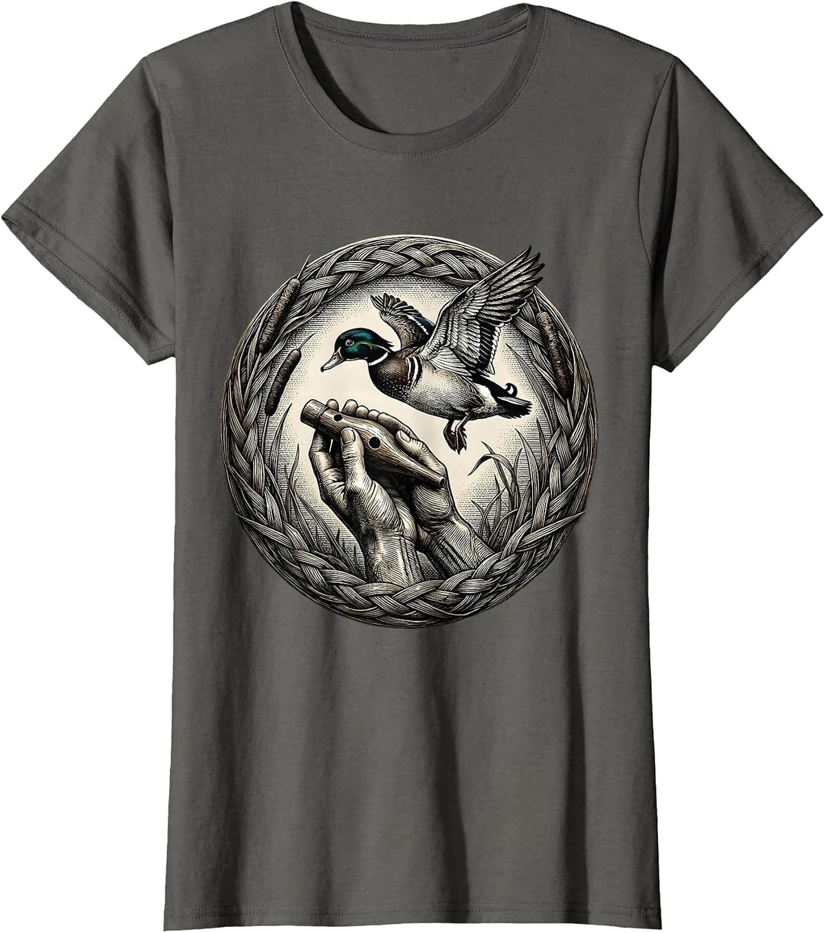 Women's Duck Caller Weathered Lips Hunting Illustration T-Shirt - Asphalt Grey