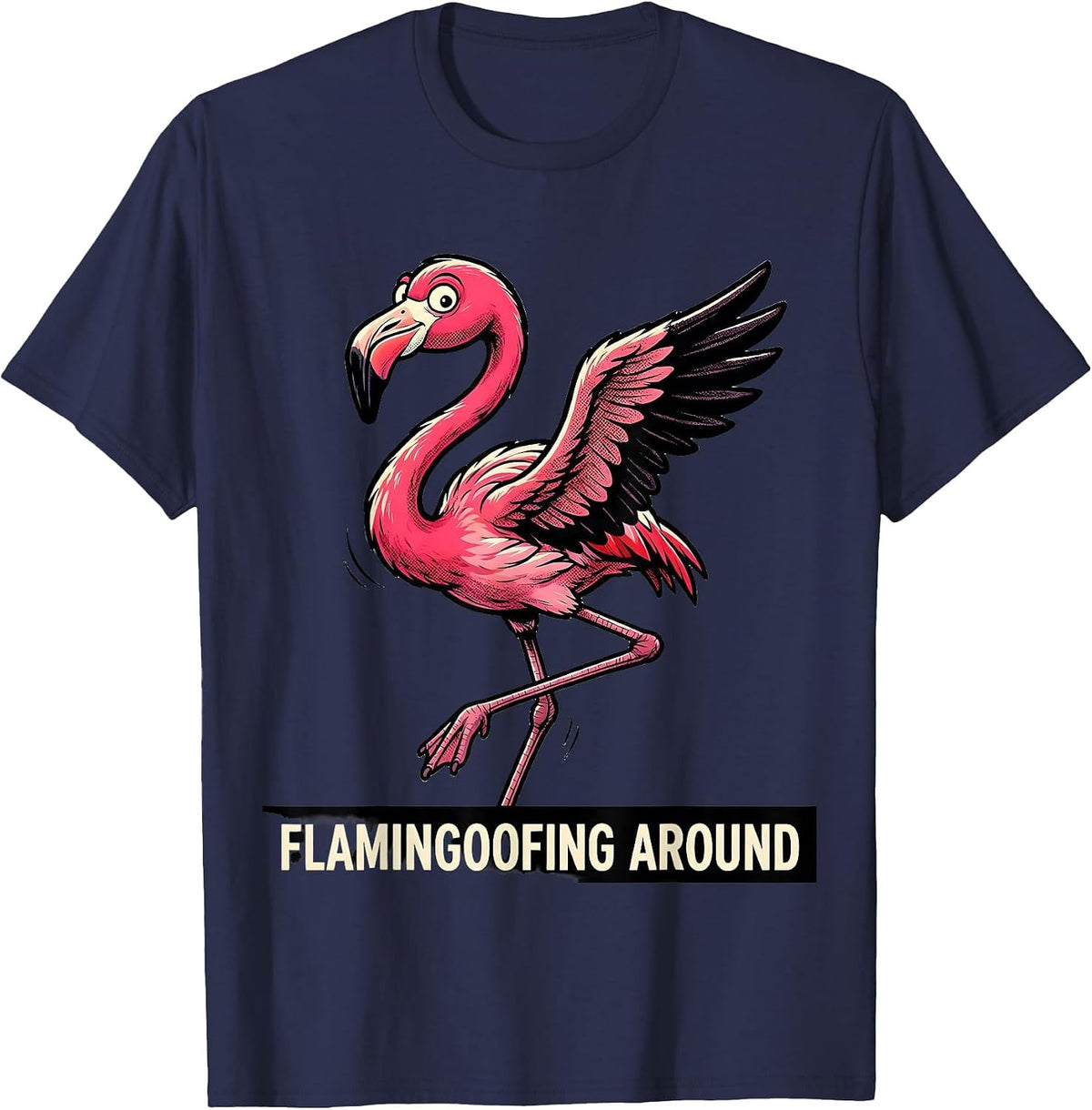 Men's Flamingoofing Around Retro Cartoon Flamingo Novelty Humor T-Shirt - Navy Blue