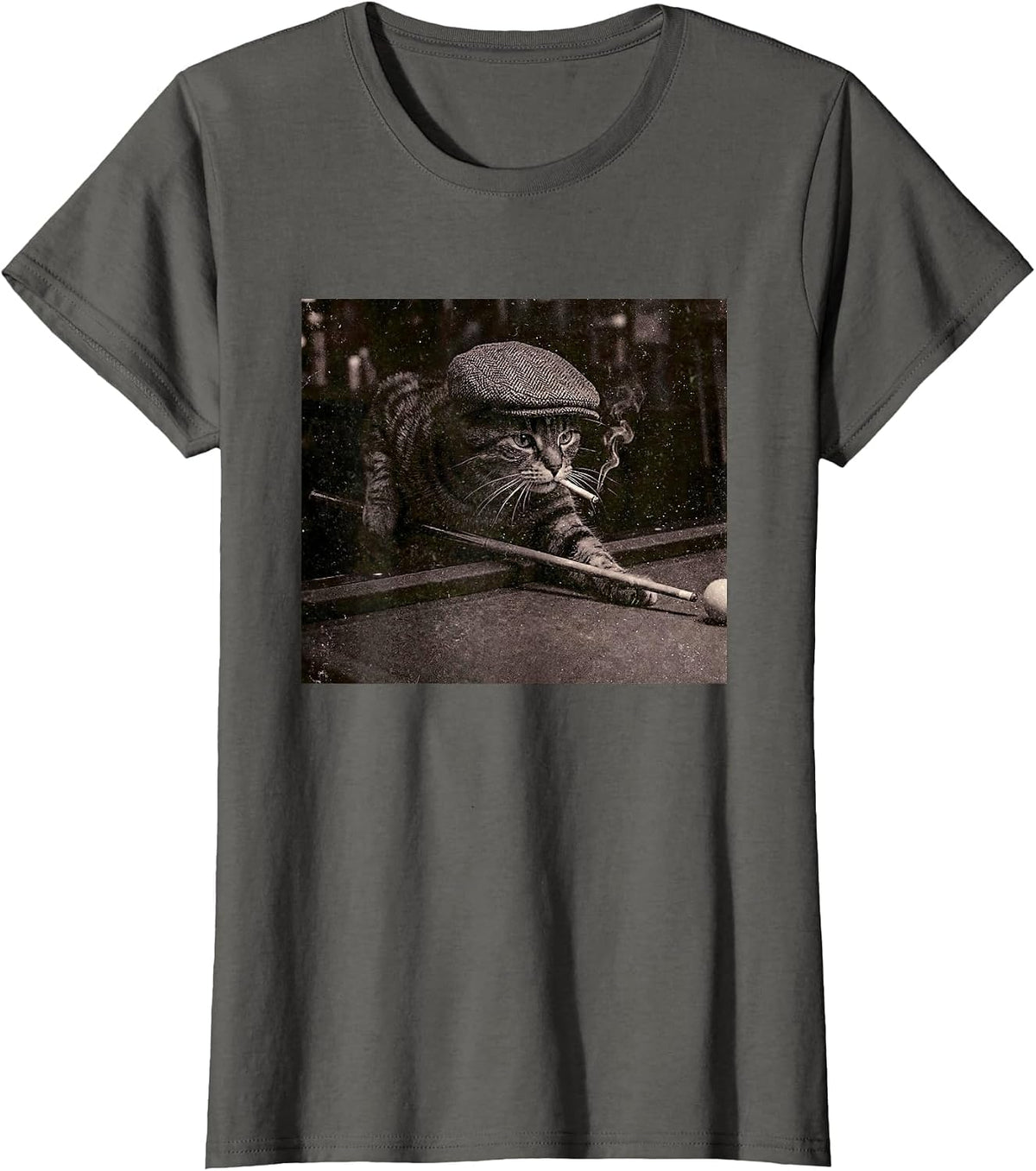 Kitten Cat Playing Pool Billiards Smoking Cigarette Meme 90s T-Shirt - Asphalt Grey
