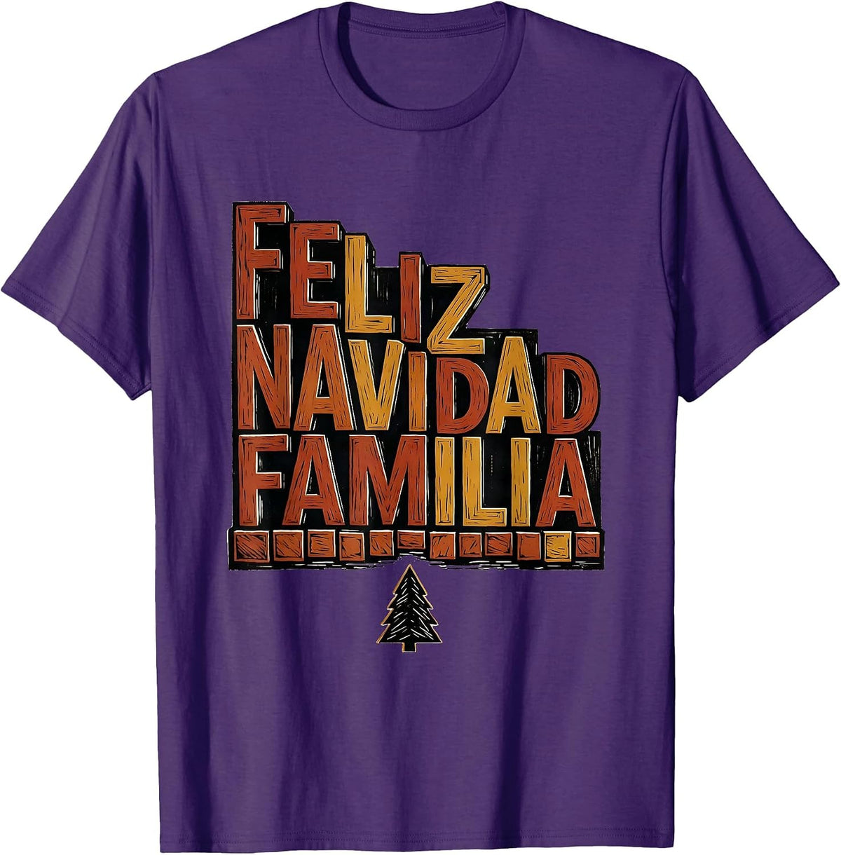 Men's Feliz Navidad Familia Linocut Spanish Christmas Family T-Shirt - Purple