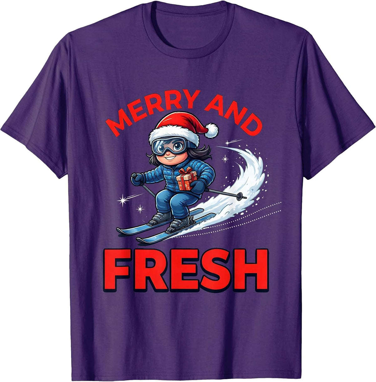MERRY AND FRESH Funny Skier Christmas Skiing T-Shirt - Purple