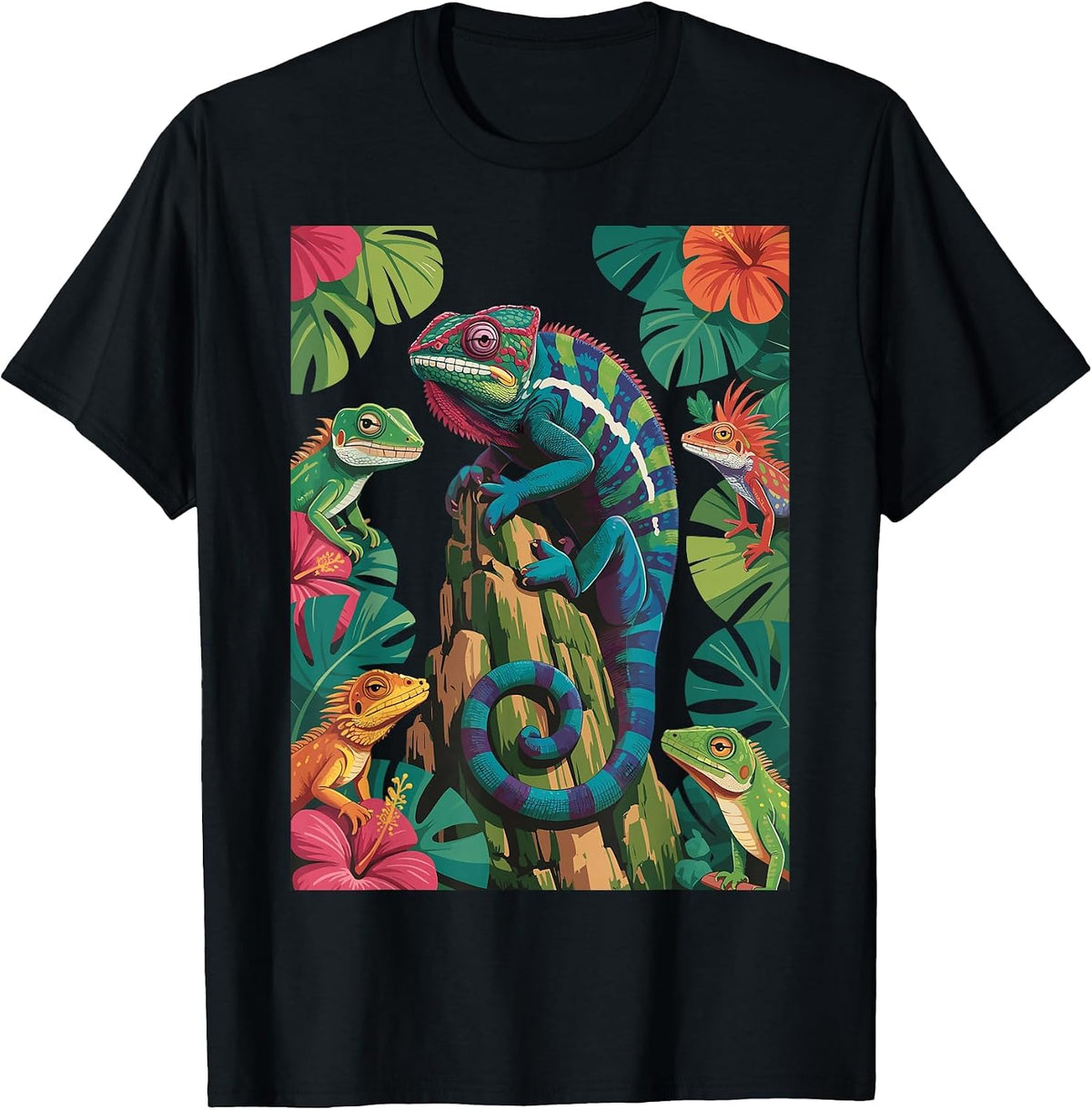 Colorful Geckos Design Cool Chameleon Lizard Lover Reptiles T-Shirt - Black