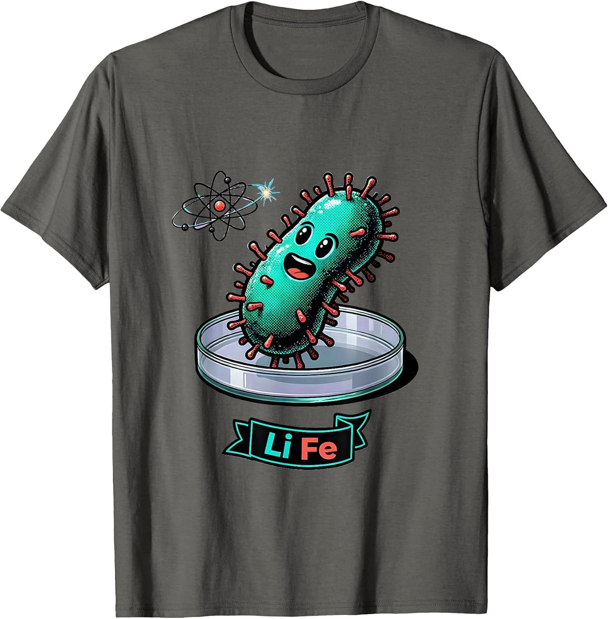 Li Fe Rounded Cartoon Microbe Science Humor Chemistry Nerd T-Shirt - Asphalt Grey