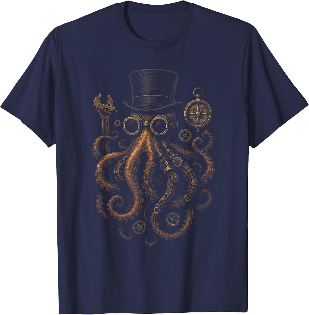 Steampunk Octopus - Clockwork Kraken Art T-Shirt - Navy Blue
