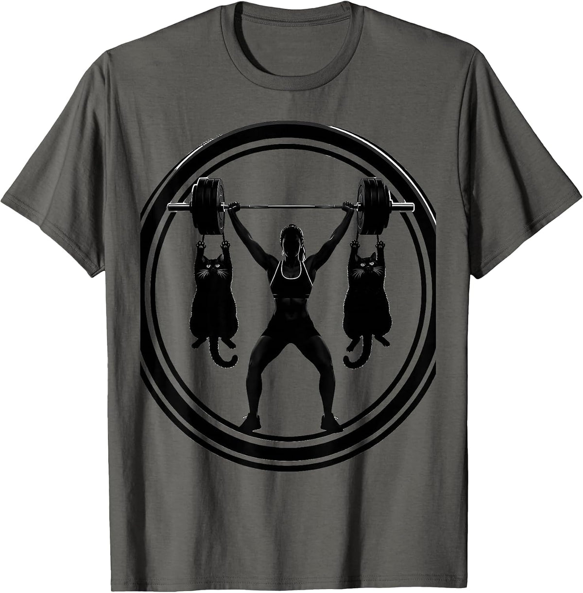 Funny Cat Weightlifting Gym Lover Graphic Tee T-Shirt - Asphalt Grey