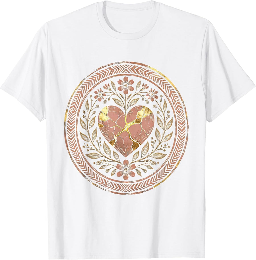 Men's Cancer Cracked Heart Golden Kintsugi Design T-Shirt - White