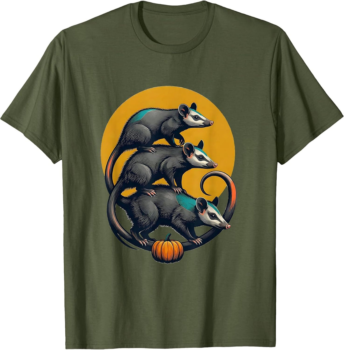 Men's Three Opossum Moon Vintage Halloween Spooky Novelty T-Shirt - Olive Green