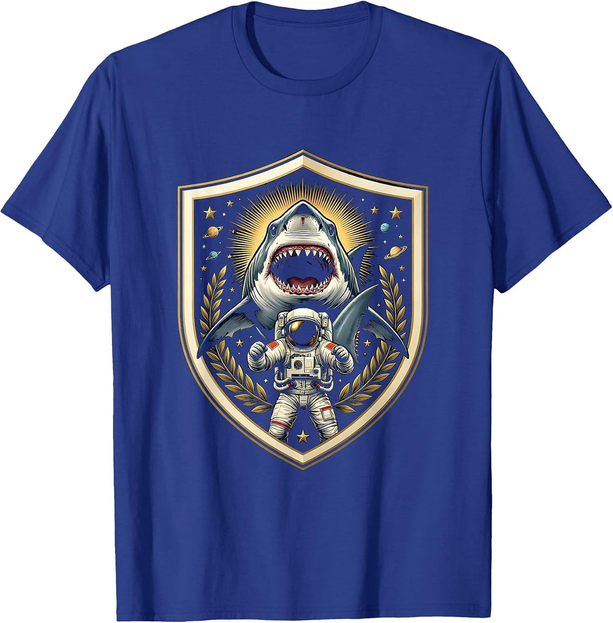 Astronaut Riding a Great White Shark T-Shirt - Royal Blue