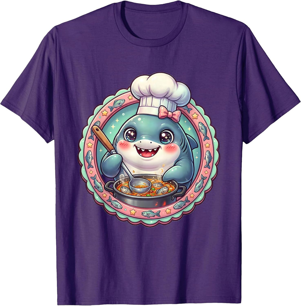 Mommy Shark Chef Cooking Fish Stew Illustration T-Shirt - Purple