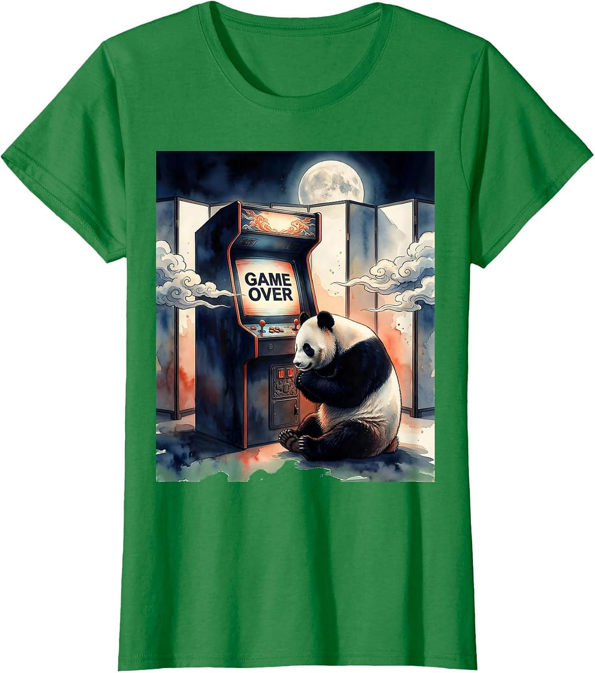 Game Over Watercolor Panda Gaming Humor Ukiyo-e Frog Novelty T-Shirt - Kelly Green