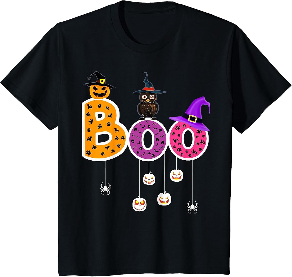 Boo Halloween Costume Spiders Ghosts Pumkin & Witch Hat T-Shirt - Black