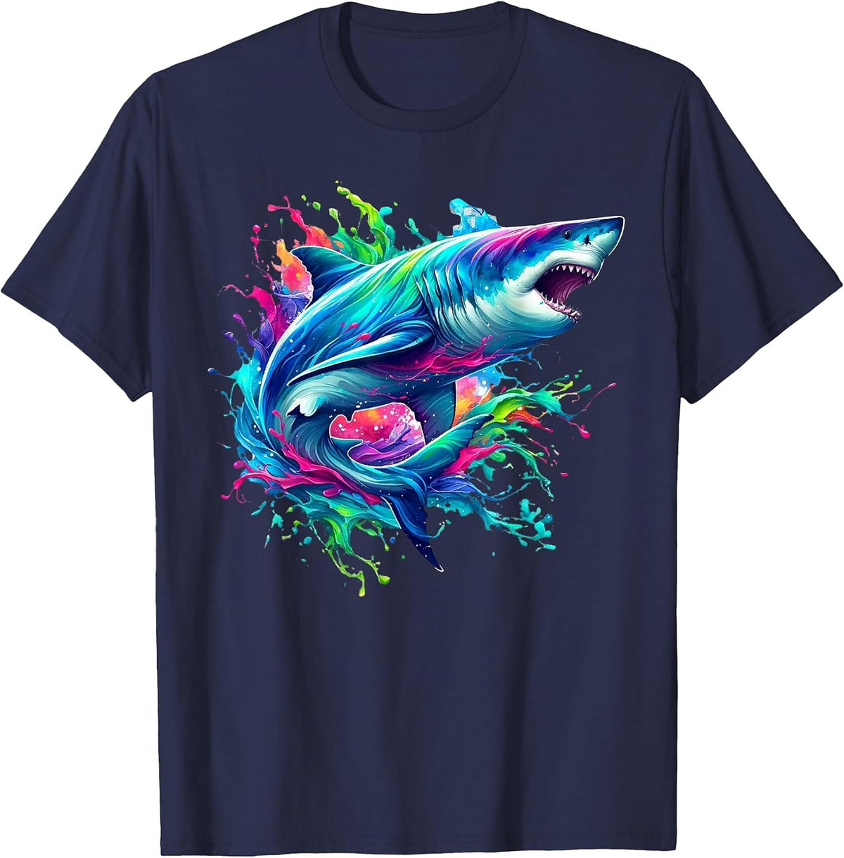 Shark Marine Biologist Paint Splash Ocean Animal Shark Lover T-Shirt - Navy Blue