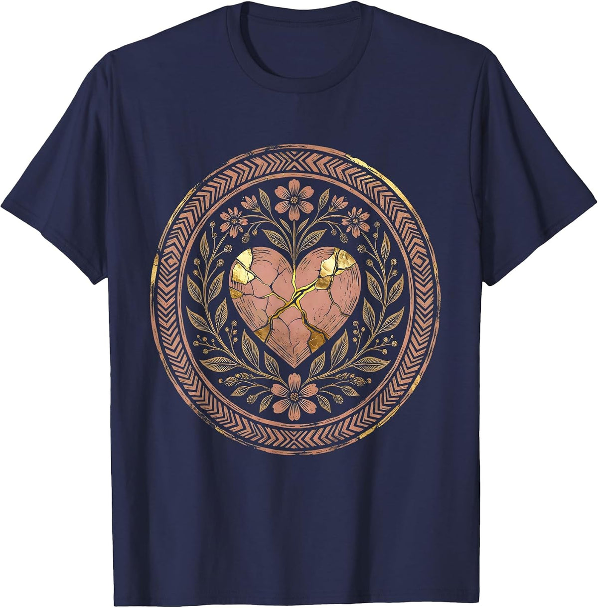 Men's Cancer Cracked Heart Golden Kintsugi Design T-Shirt - Navy Blue