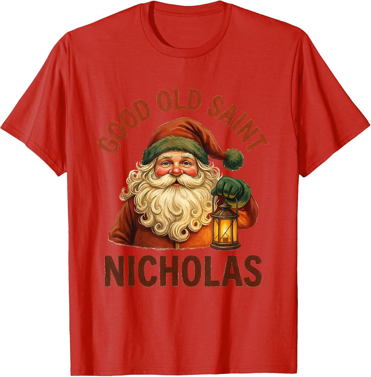 Men's Good Old Saint Nicholas Vintage Santa Claus Face Christmas T-Shirt - Red
