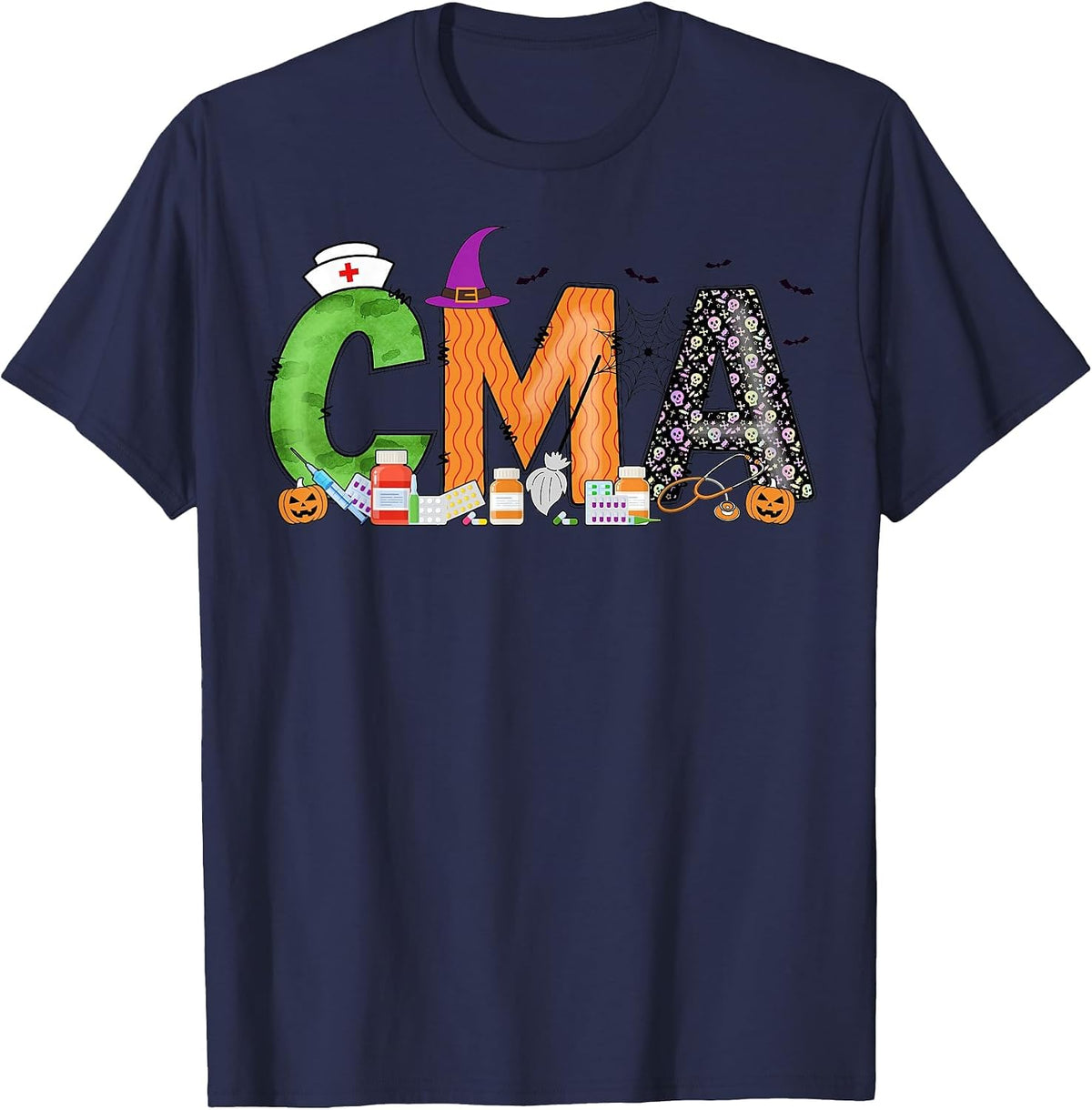 Certified Medical Assistants CMA Witch Nurse Skull Halloween T-Shirt - Navy Blue