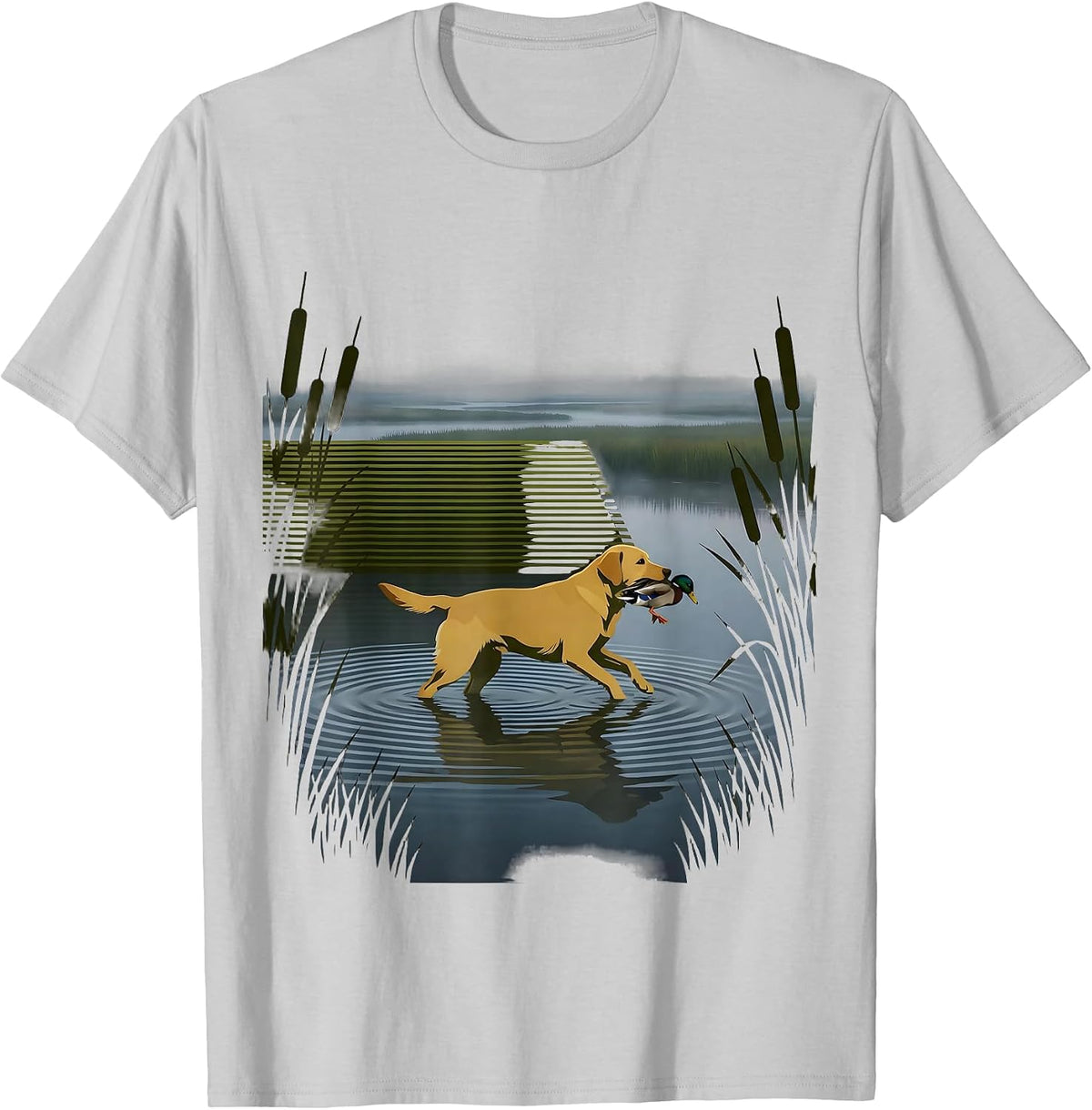 Men's Camo Duck Hunt Retriever Dog Graphic Tee T-Shirt - Silver Grey