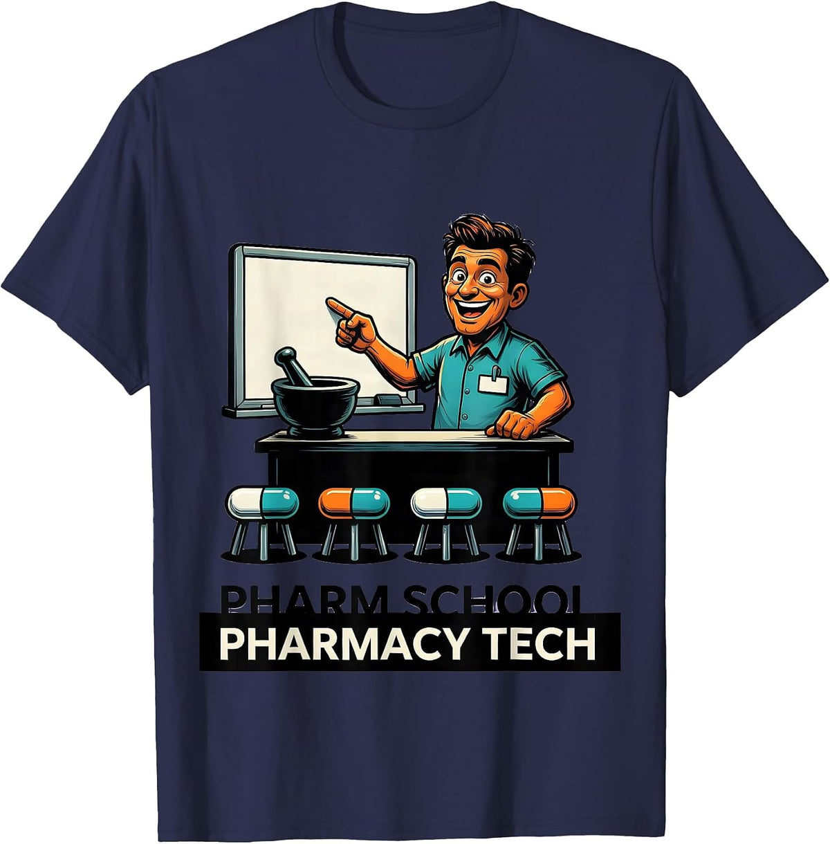 Men's Pharm School Pharmacy Tech Funny Pharmacy Technician Cartoon T-Shirt - Navy Blue