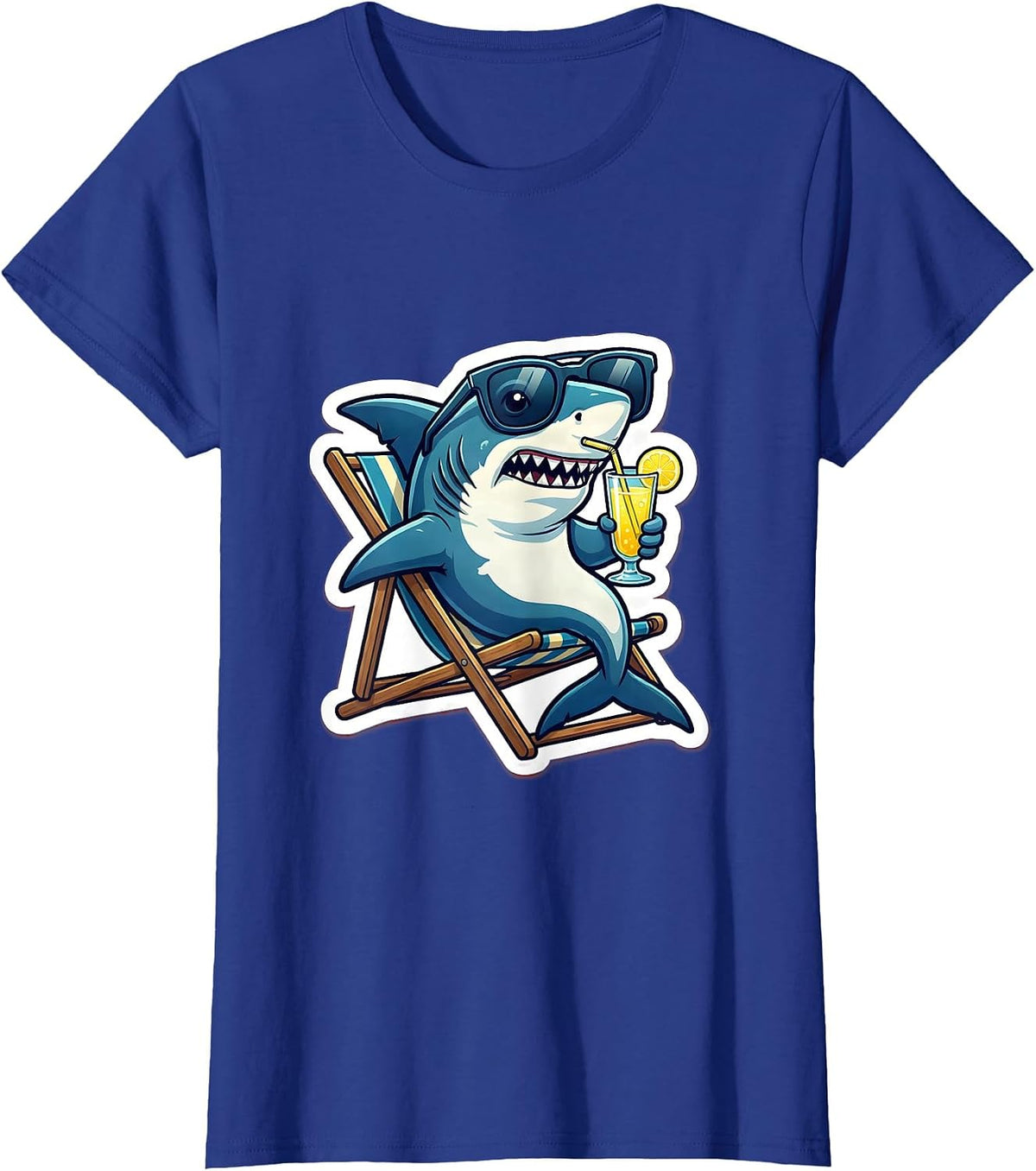 Women's Daddy Shark Relaxing in Lawn Chair with Lemonade T-Shirt - Royal Blue