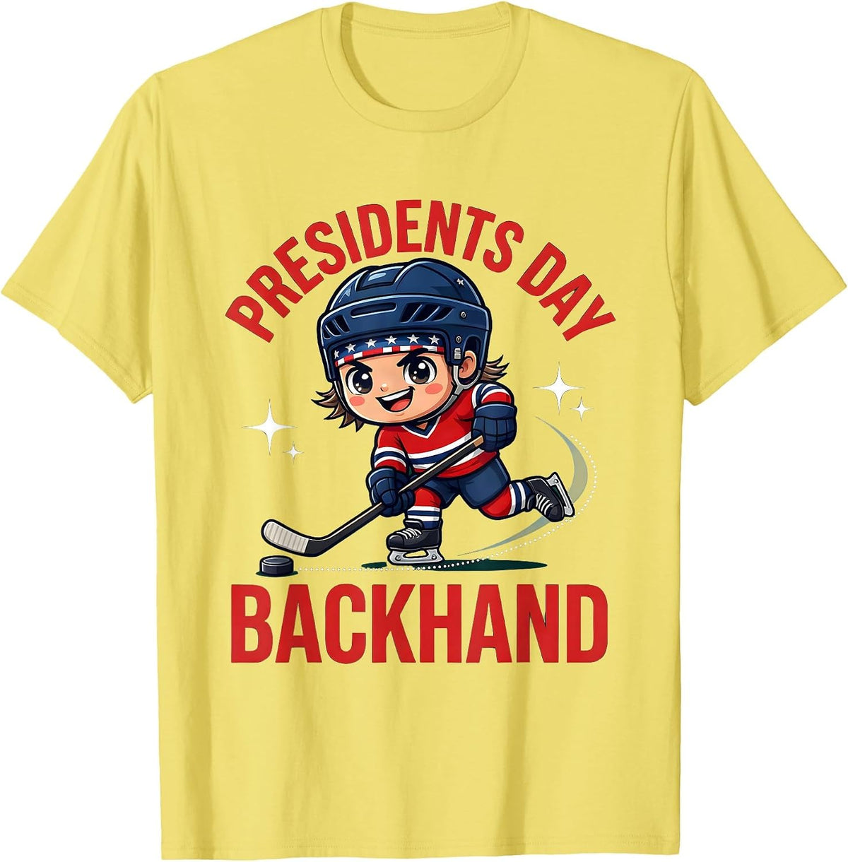 Men's PRESIDENTS DAY BACKHAND Cartoon Hockey Player Patriotic T-Shirt - Lemon Yellow