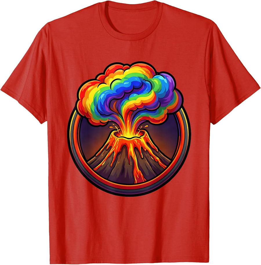 Men's Rainbow Volcano Crater Smoke Illustration T-Shirt - Red