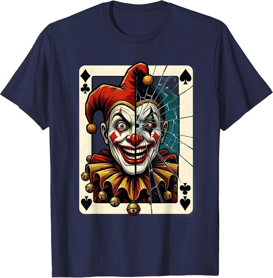 Joker Card Cracked Mirror Reflection Gambling T-Shirt - Navy Blue
