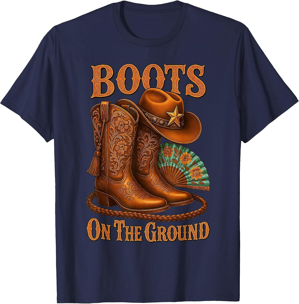 Cowgirl Rodeo Western Style Boots On The Ground Linedance T-Shirt - Navy Blue
