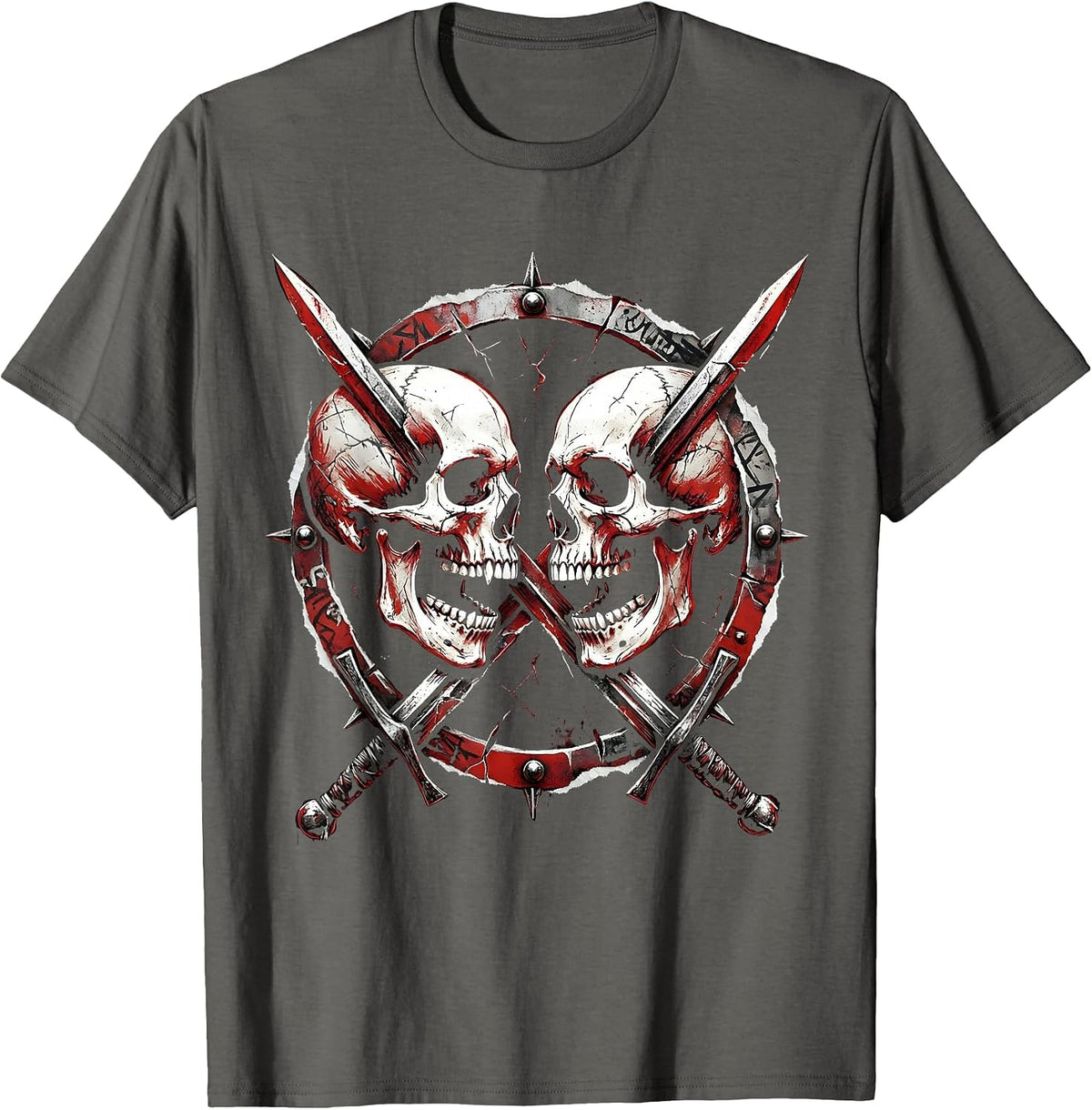 Dual Skulls Crossed Swords Death Metal Graphic T-Shirt - Asphalt Grey