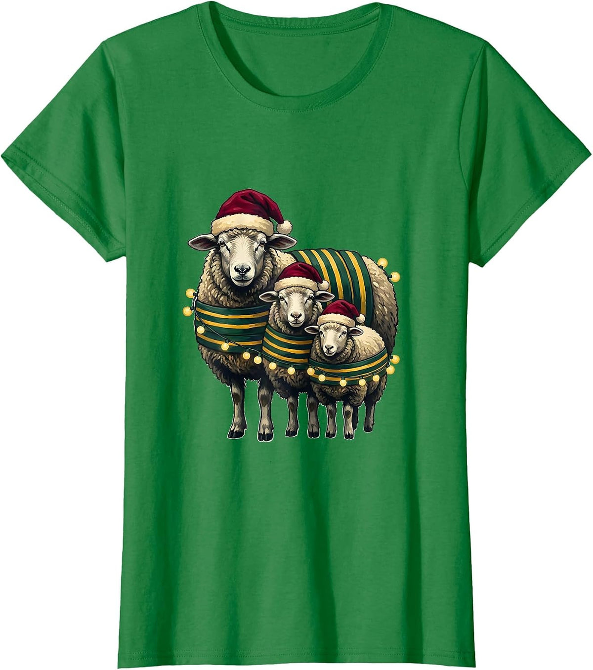 Women's Sheep Santa Hat Christmas Lights Family Matching Pajama T-Shirt - Kelly Green