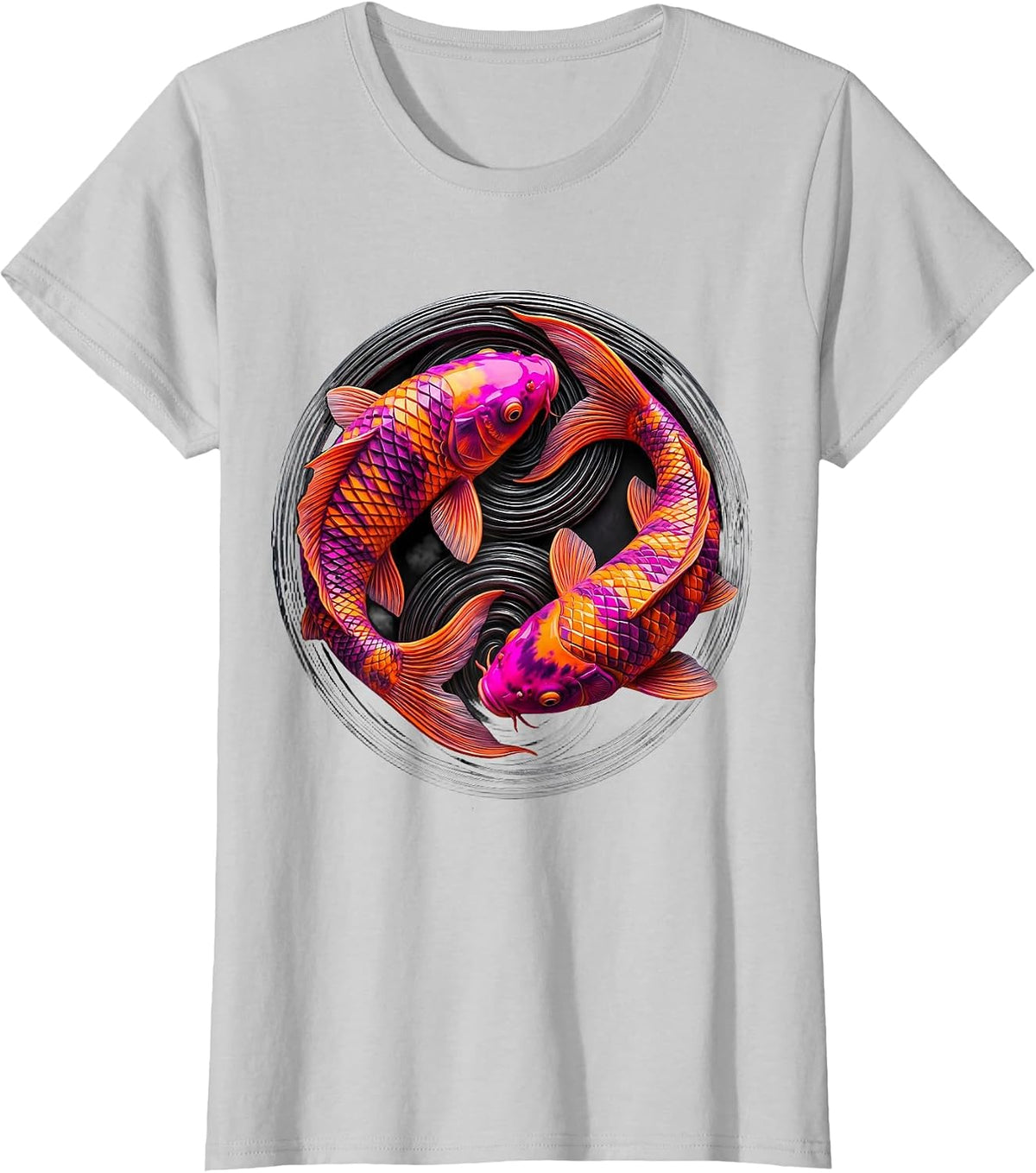Tie Dye Koi Fish Spiral Current Illustration T-Shirt - Silver Grey
